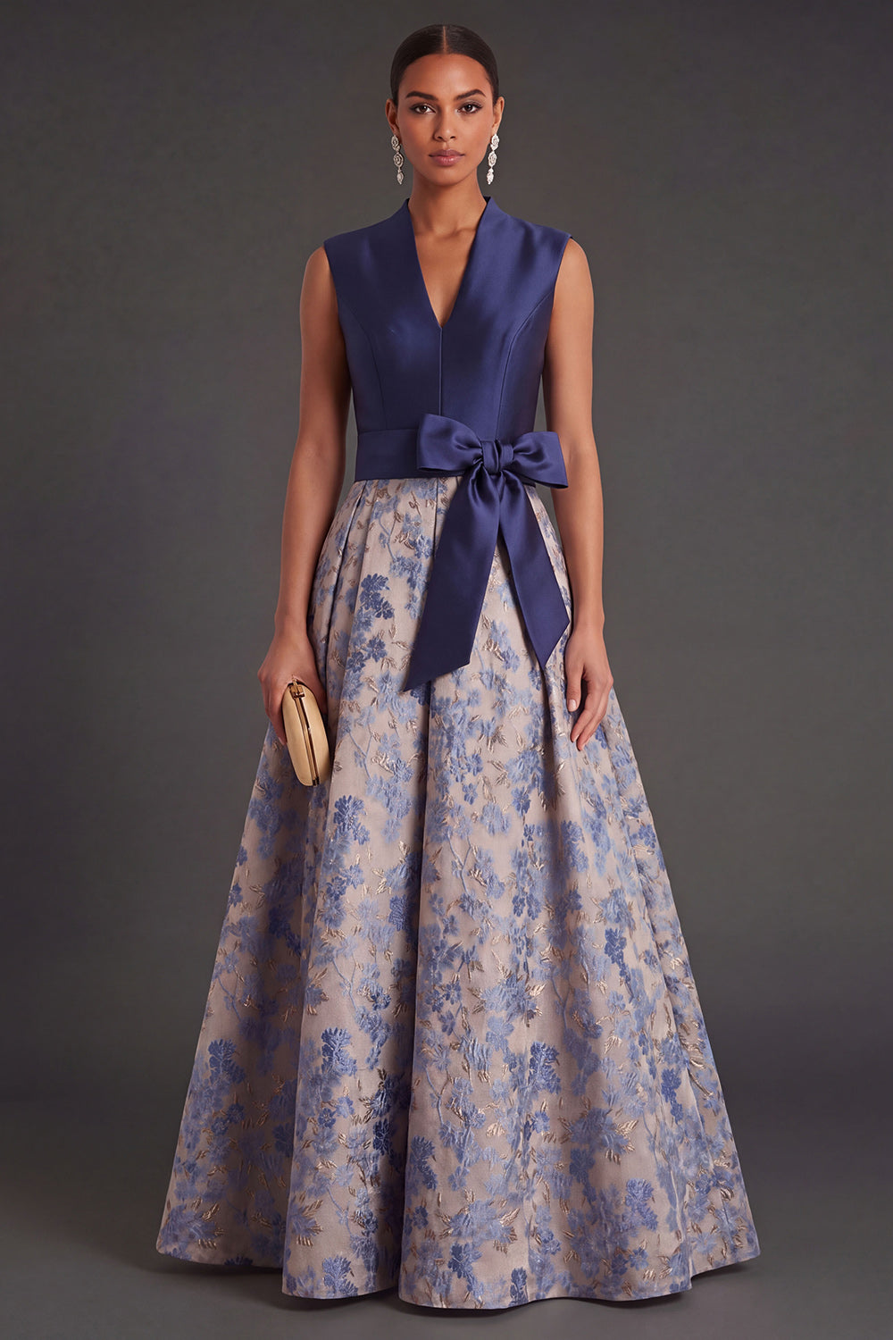 Navy Floral A Line Jacquard Long Wedding Guest Dress