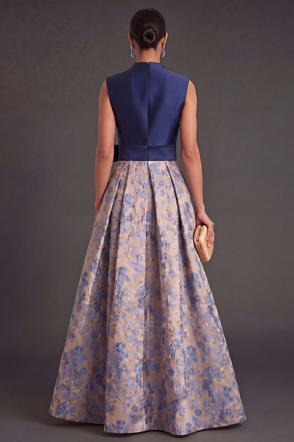 Navy Floral A Line Jacquard Long Wedding Guest Dress