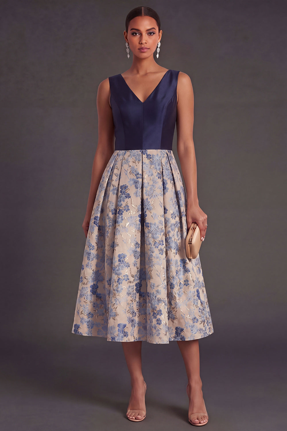 A Line Navy Floral V Neck Midi Wedding Guest Dress