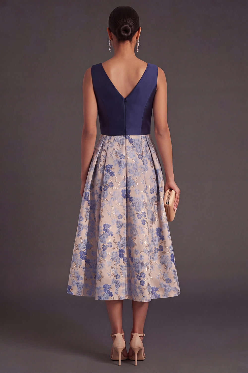 A Line Navy Floral V Neck Midi Wedding Guest Dress