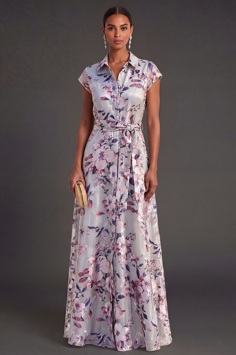 Leely Women Grey Floral A Line Long Wedding Guest Dress Collar Neck Cap Sleeves Formal Dress