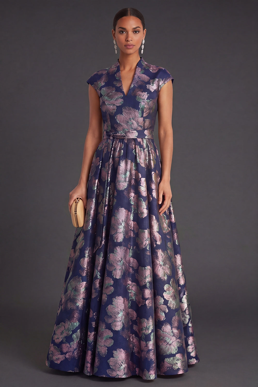 Yellow Jacquard A Line Cap Sleeves Long Wedding Guest Dress