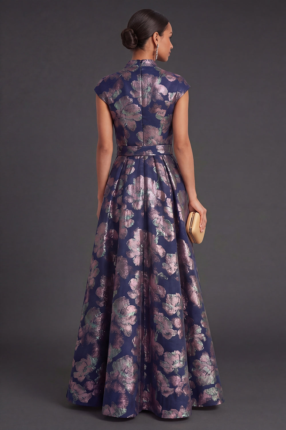 Yellow Jacquard A Line Cap Sleeves Long Wedding Guest Dress
