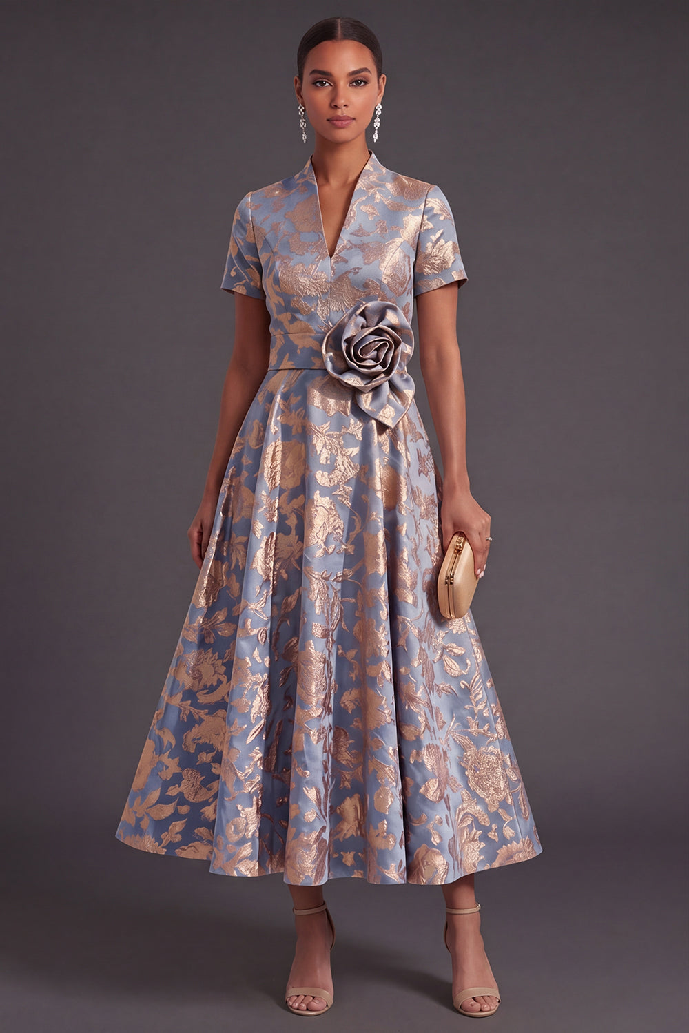 Blue Golden Floral A Line Jacquard Long Wedding Guest Dress