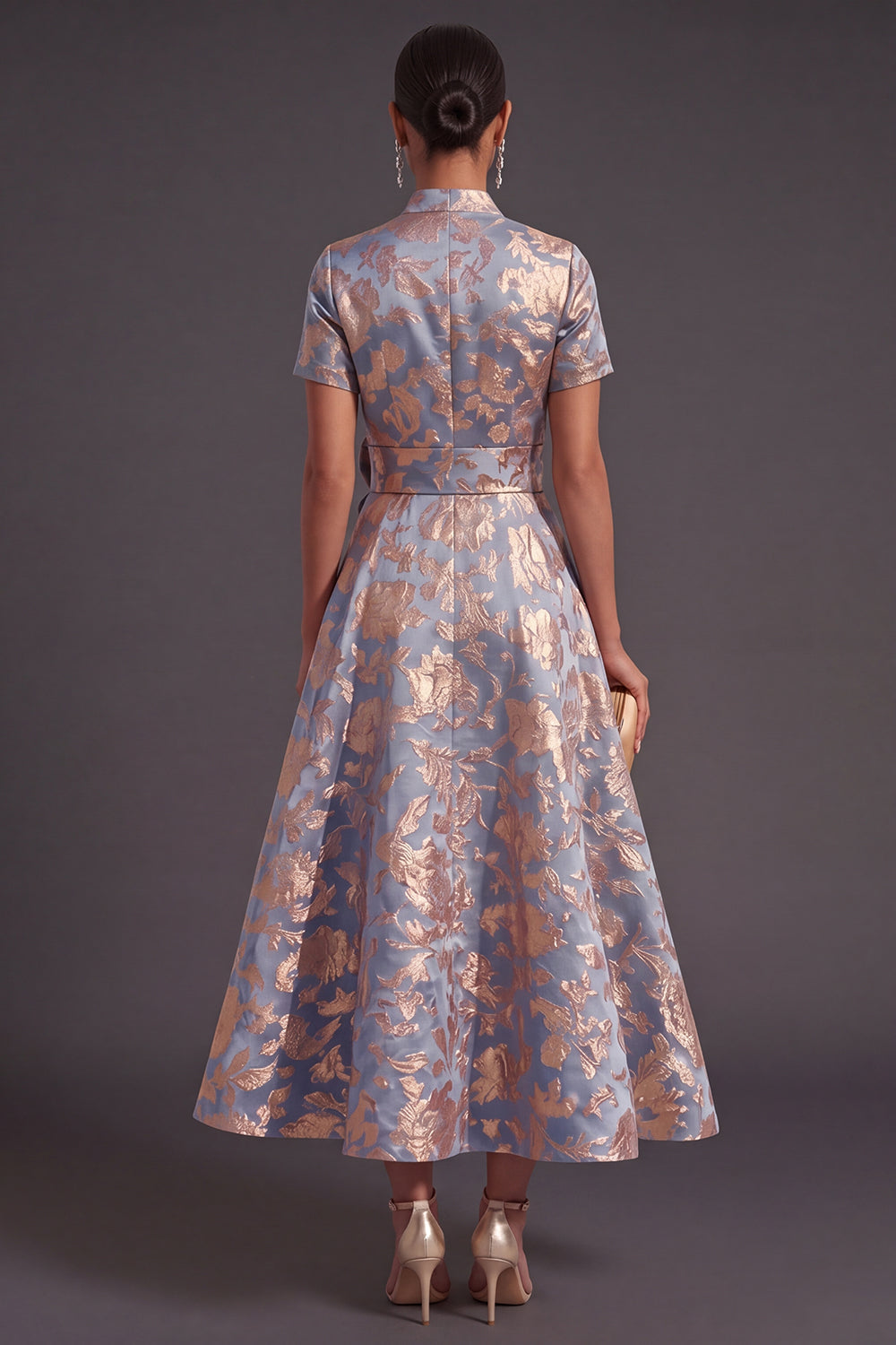Blue Golden Floral A Line Jacquard Long Wedding Guest Dress