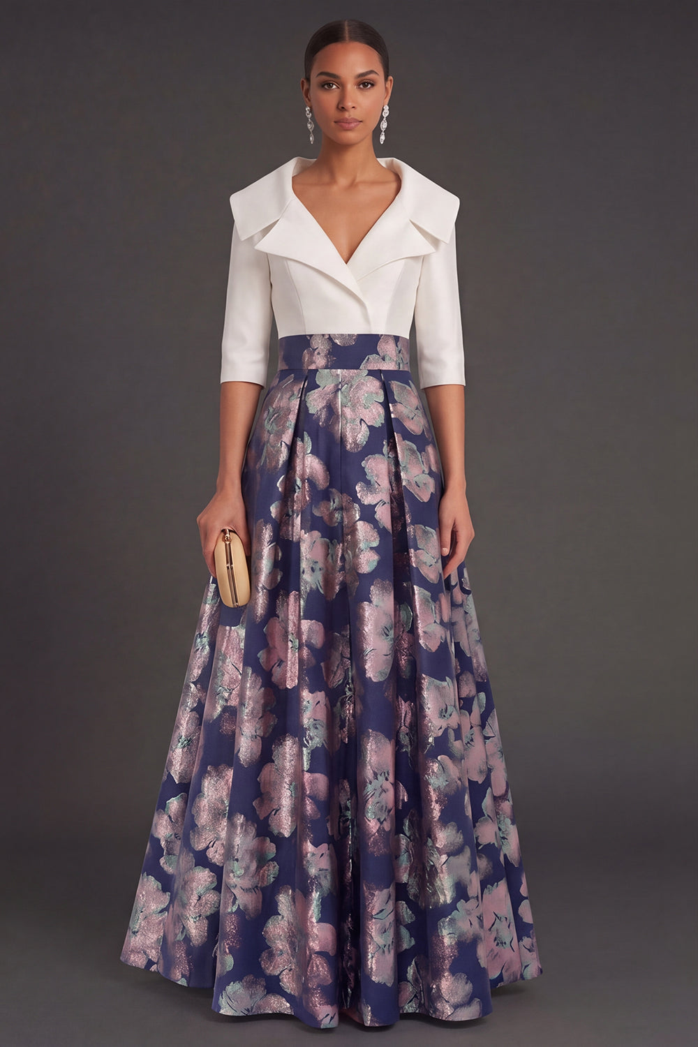 A Line Navy Floral Jacquard Long Wedding Guest Dress