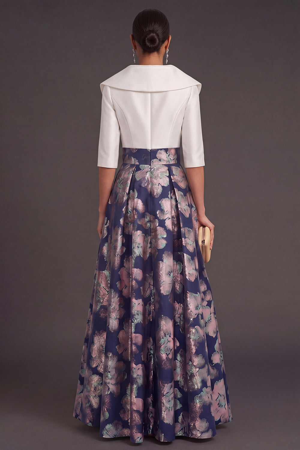 A Line Navy Floral Jacquard Long Wedding Guest Dress