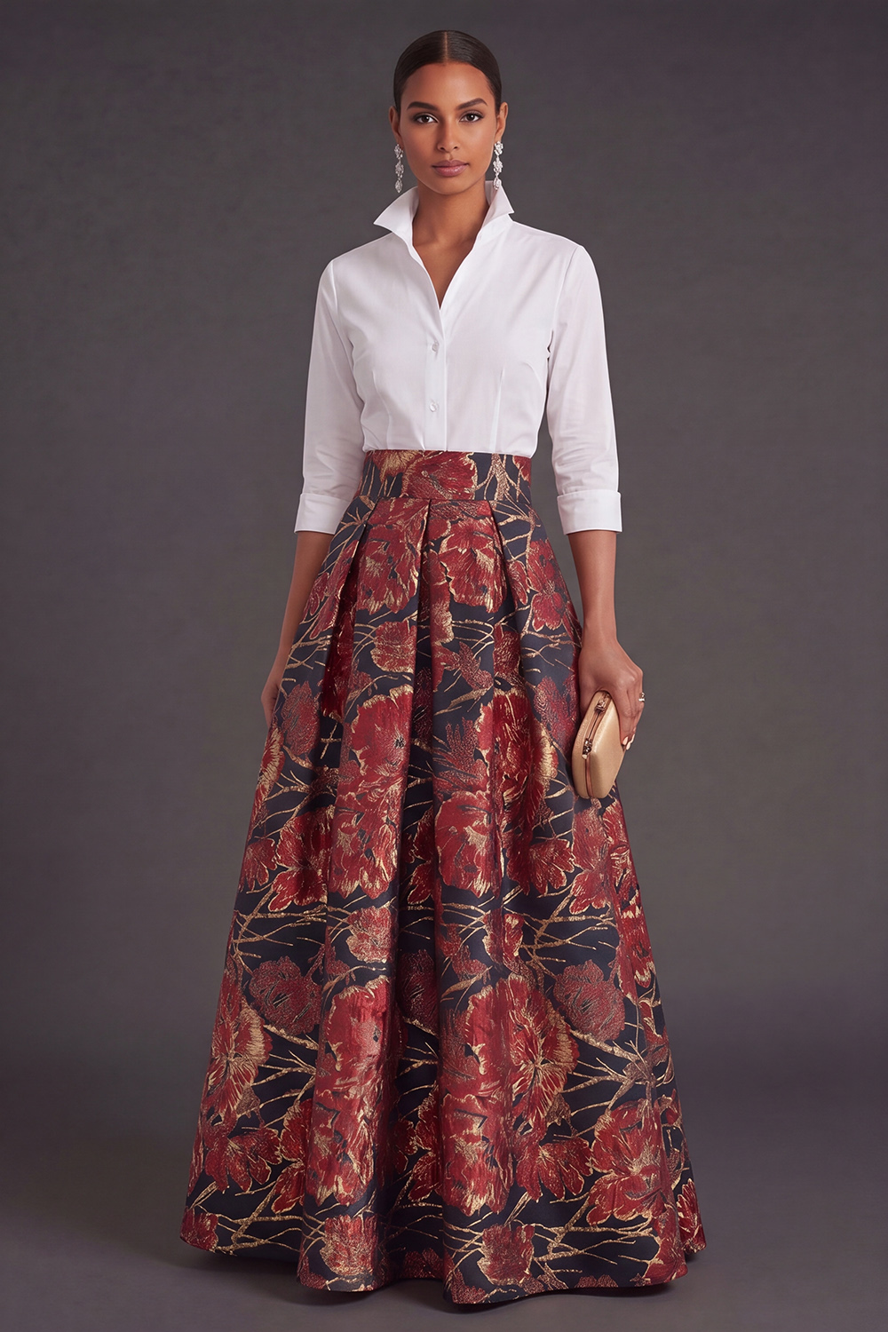 Black Red Floral Collar Neck Jacquard Long Wedding Guest Dress