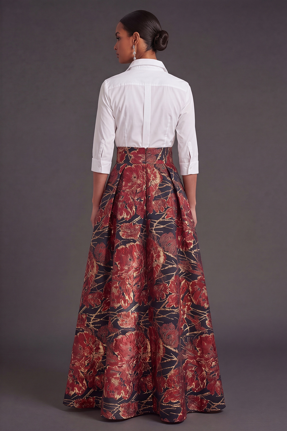 Black Red Floral Collar Neck Jacquard Long Wedding Guest Dress