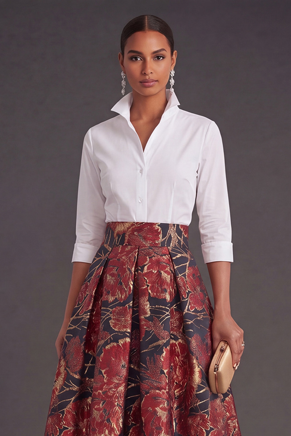 Black Red Floral Collar Neck Jacquard Long Wedding Guest Dress
