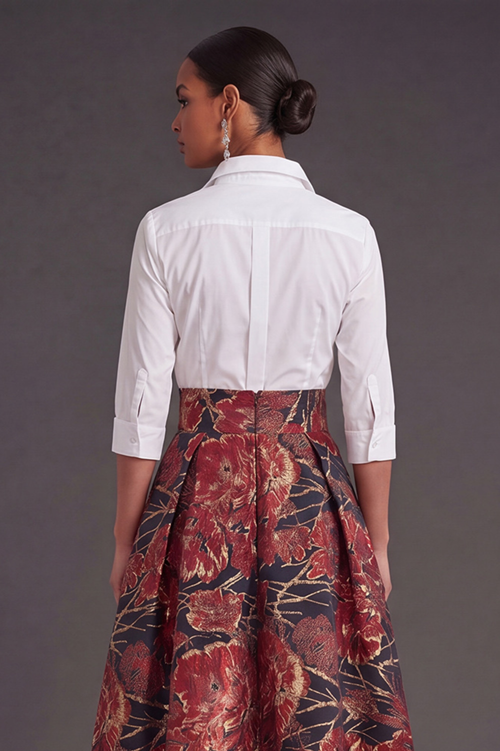 Black Red Floral Collar Neck Jacquard Long Wedding Guest Dress