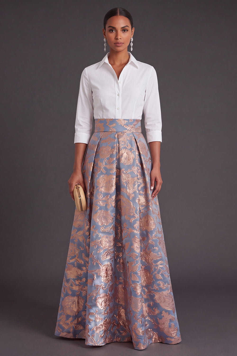 Blue Golden Flower Collar Neck Jacquard Long Wedding Guest Dress