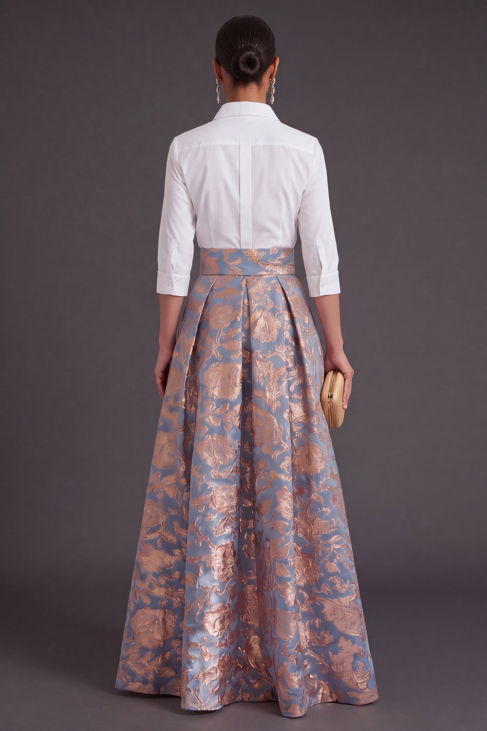 Blue Golden Flower Collar Neck Jacquard Long Wedding Guest Dress