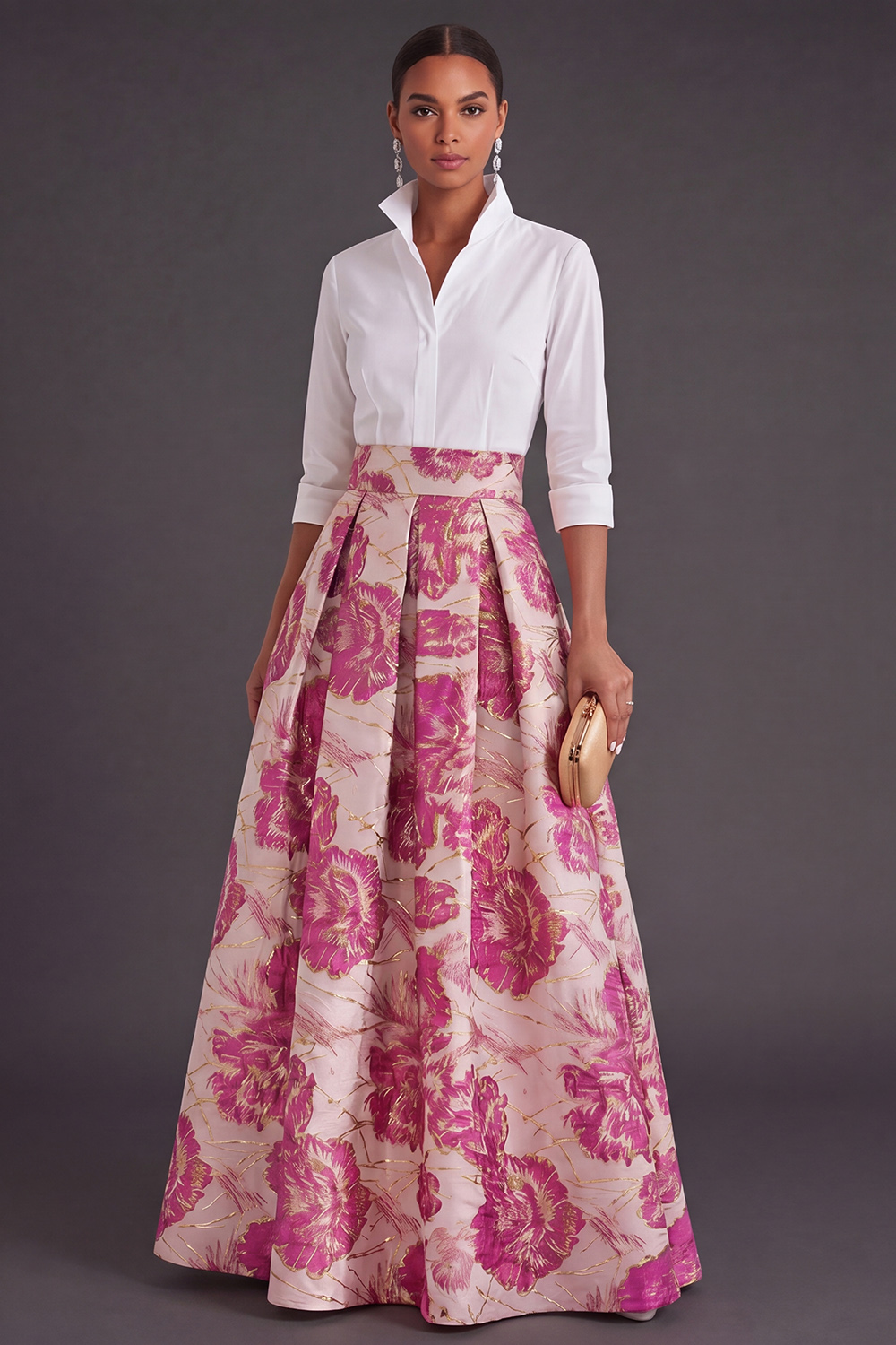 Black Red Floral Collar Neck Jacquard Long Wedding Guest Dress