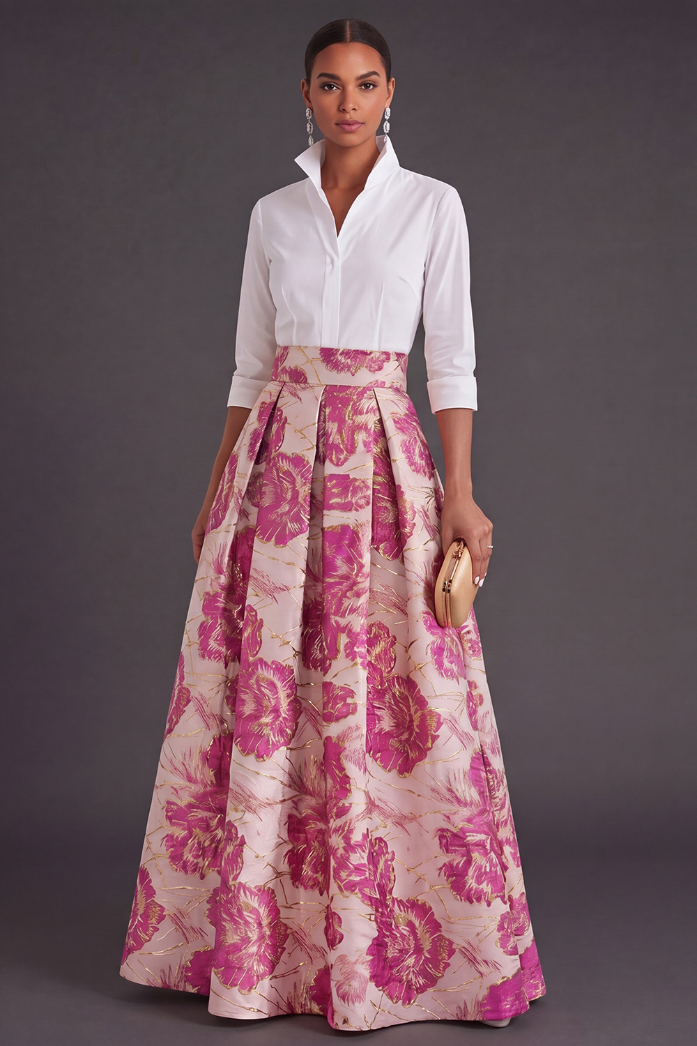 Black Red Floral Collar Neck Jacquard Long Wedding Guest Dress