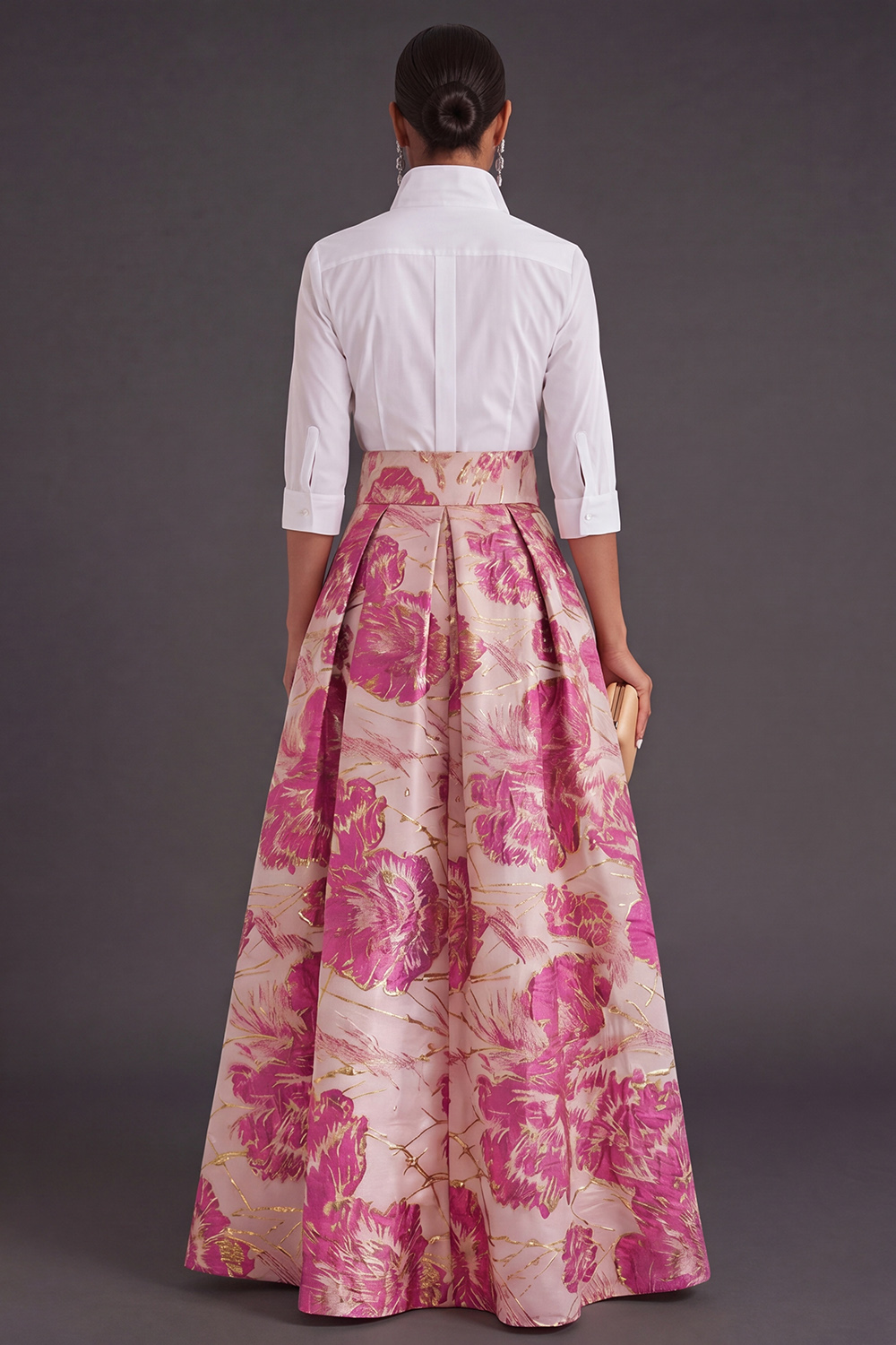 Black Red Floral Collar Neck Jacquard Long Wedding Guest Dress