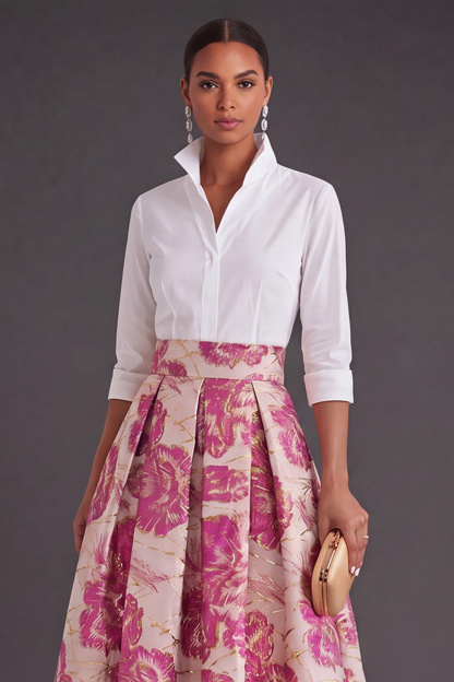 Black Red Floral Collar Neck Jacquard Long Wedding Guest Dress
