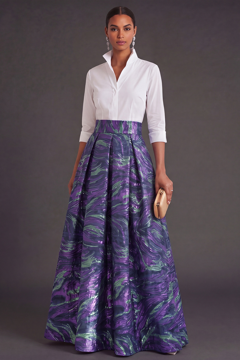 Black Red Floral Collar Neck Jacquard Long Wedding Guest Dress