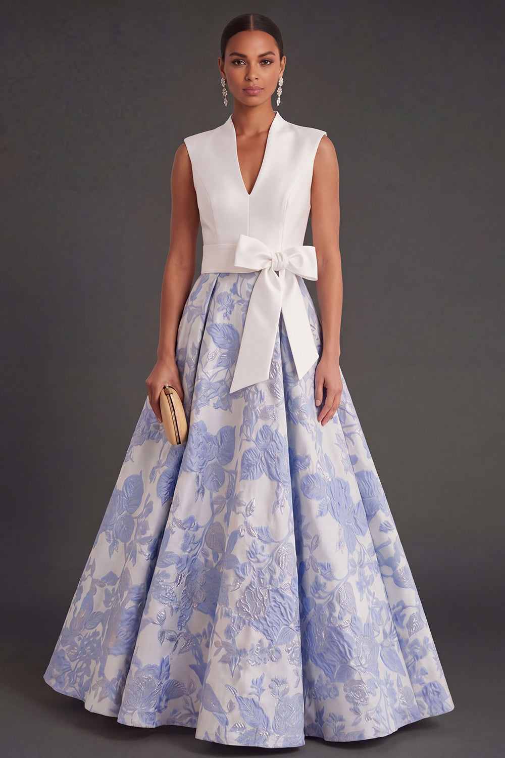 Jacquard Floral Blue Long Wedding Guest Dress with Bow
