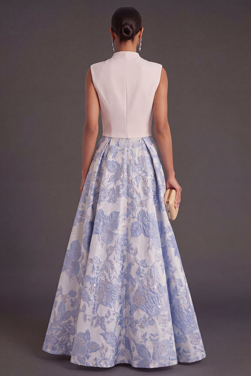 Jacquard Floral Blue Long Wedding Guest Dress with Bow