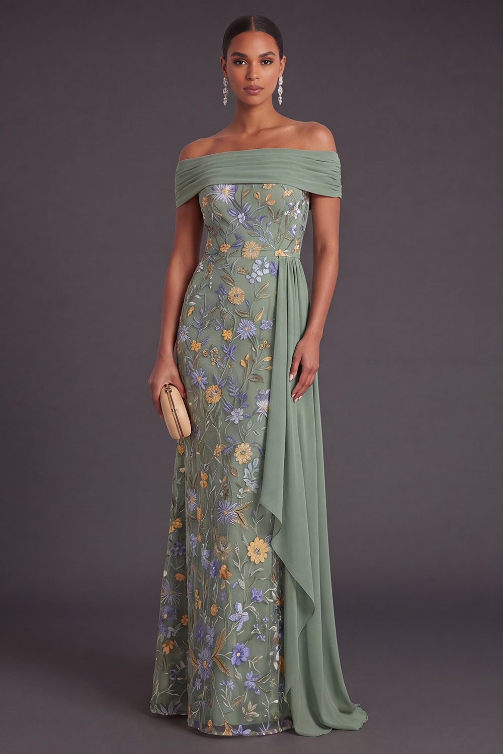 Green Floral Off the Shoulder Mermaid Long Wedding Guest Dress