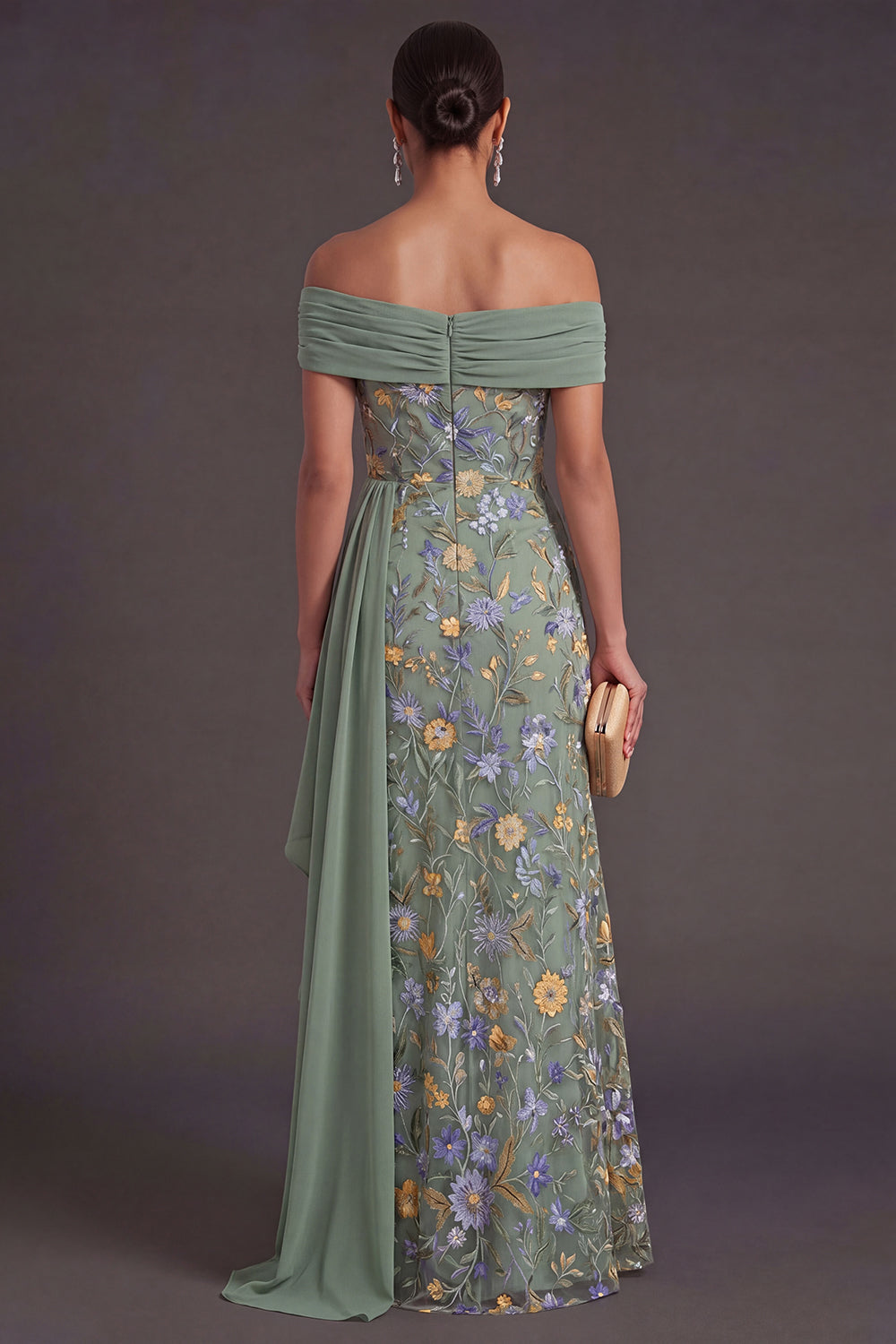 Green Floral Off the Shoulder Mermaid Long Wedding Guest Dress