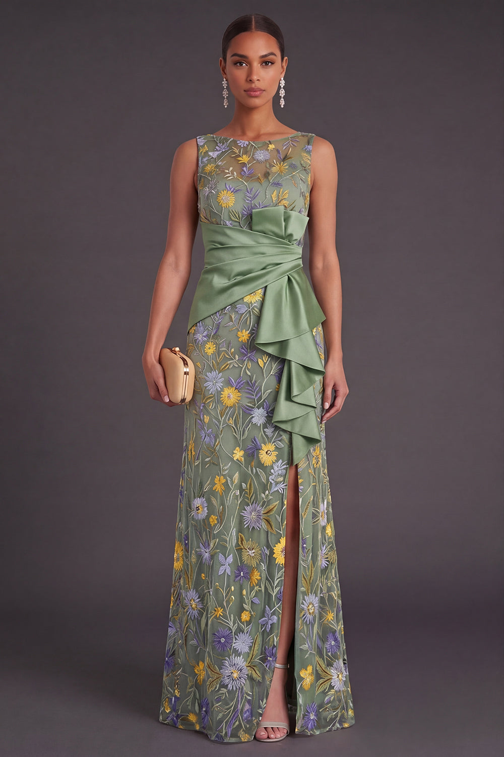 Green Floral Mermaid Ruffled Long Wedding Guest Dress with Slit