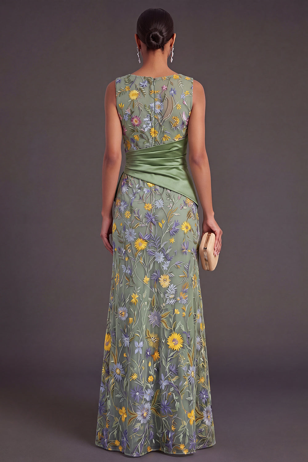 Green Floral Mermaid Ruffled Long Wedding Guest Dress with Slit