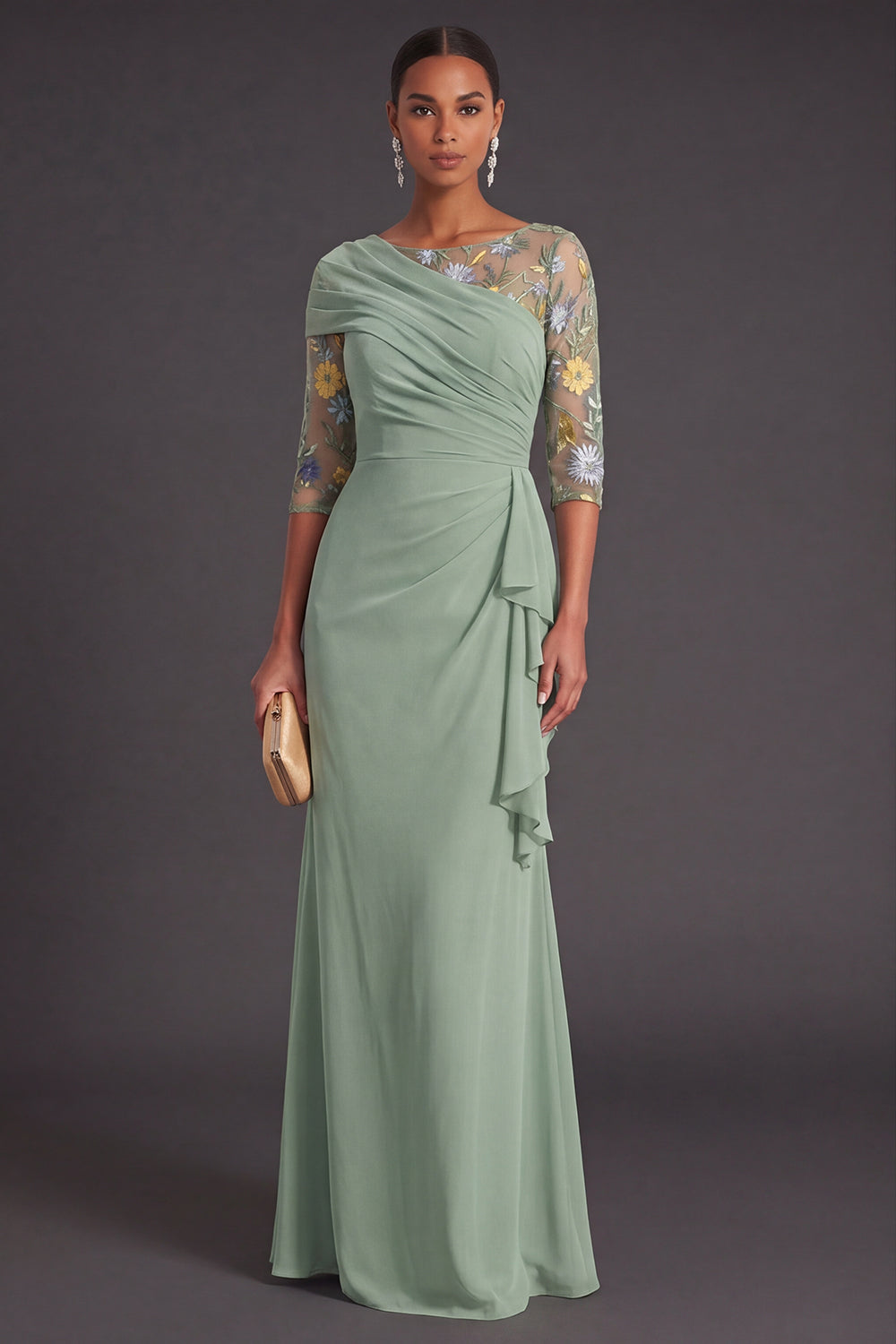 Mermaid Green Floral Embroidered Long Wedding Guest Dress