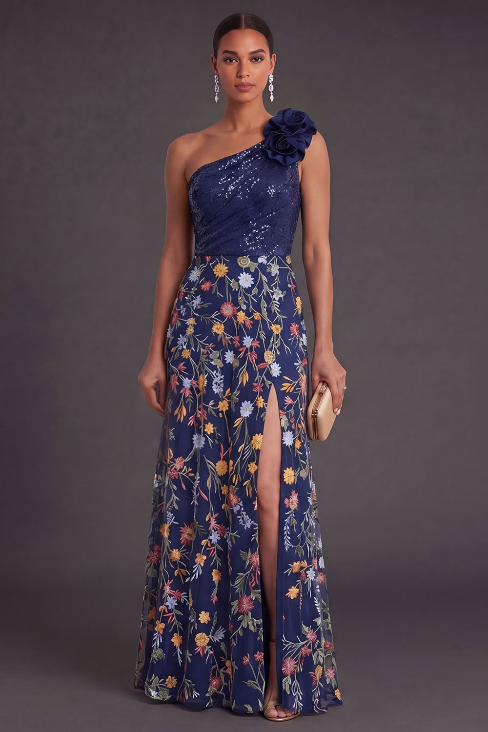 One Shoulder A Line Floral Navy Long Wedding Guest Dress with Slit