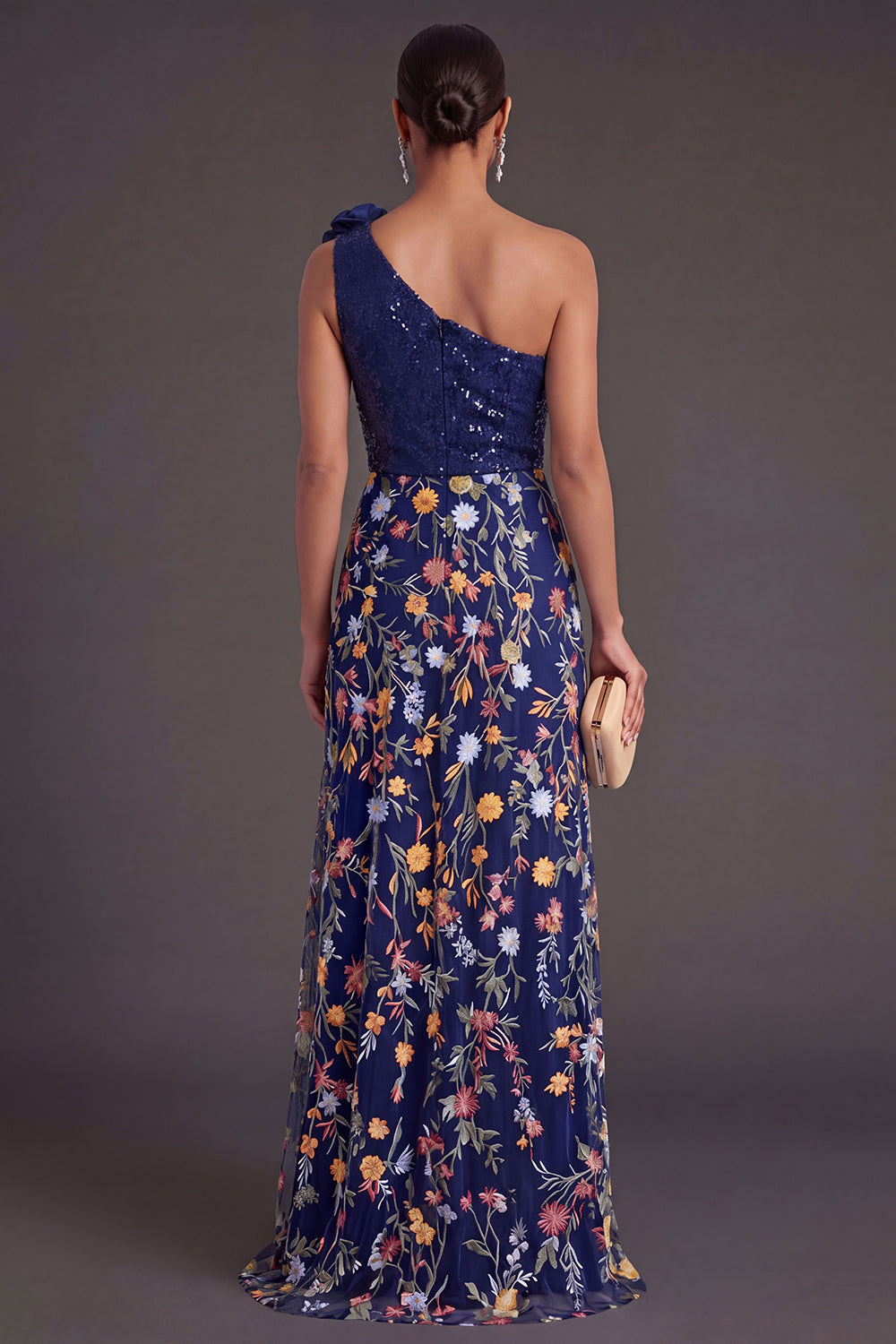 One Shoulder A Line Floral Navy Long Wedding Guest Dress with Slit