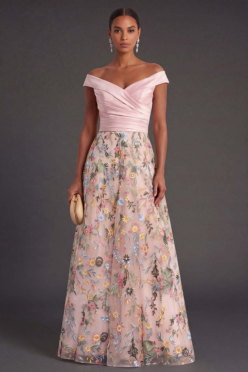 Leely Women Green Floral A Line Off the Shoulder Long Wedding Guest ...