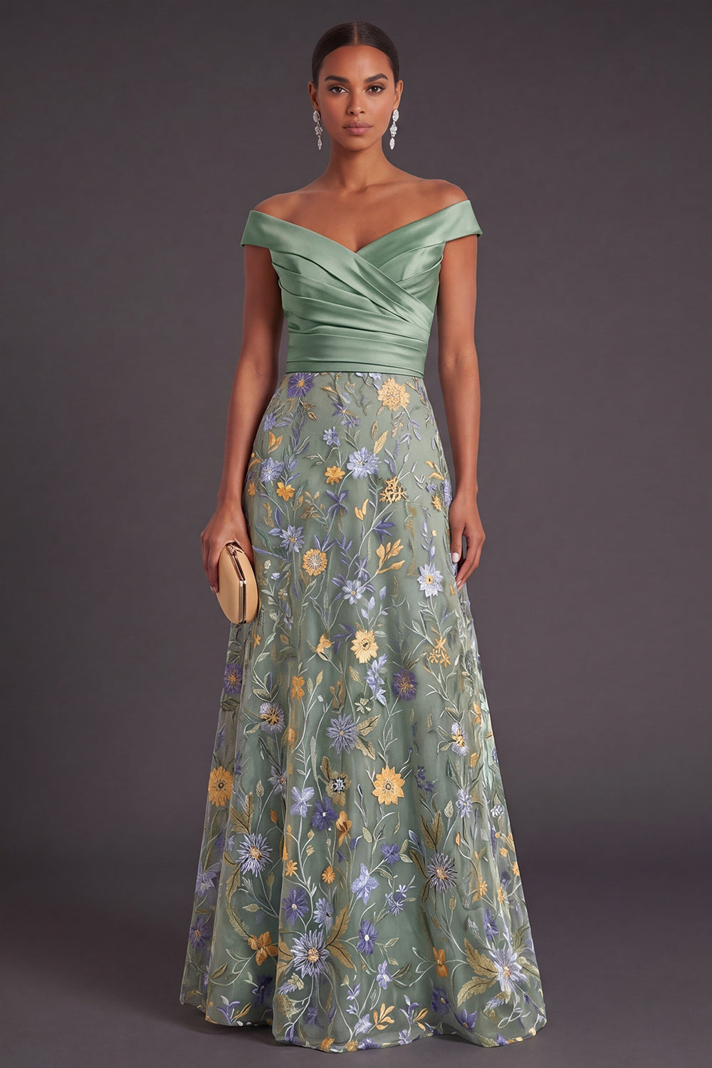 Green Floral A Line Off the Shoulder Long Wedding Guest Dress