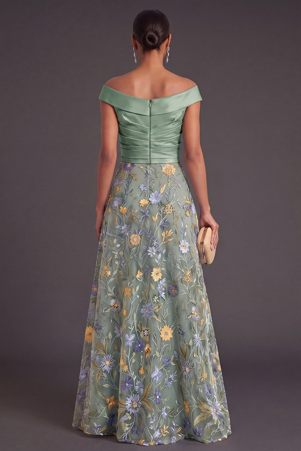 Green Floral A Line Off the Shoulder Long Wedding Guest Dress