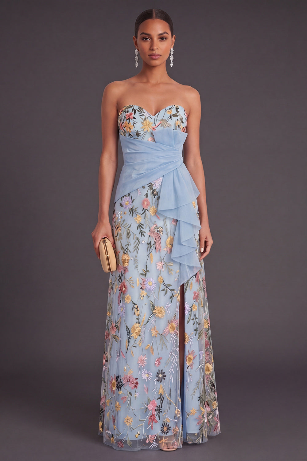 Sweetheart A Line Floral Blue Long Wedding Guest Dress with Slit
