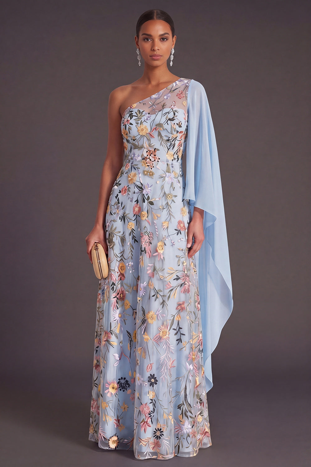A Line One Shoulder Floral Embroidered Long Wedding Guest Dress