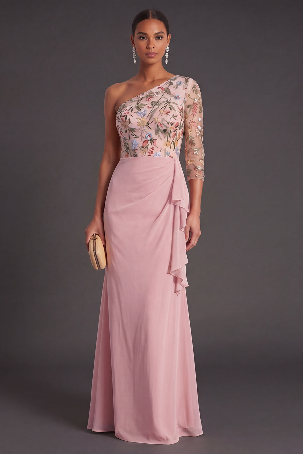 Blush Floral Mermaid One Shoulder Long Wedding Guest Dress