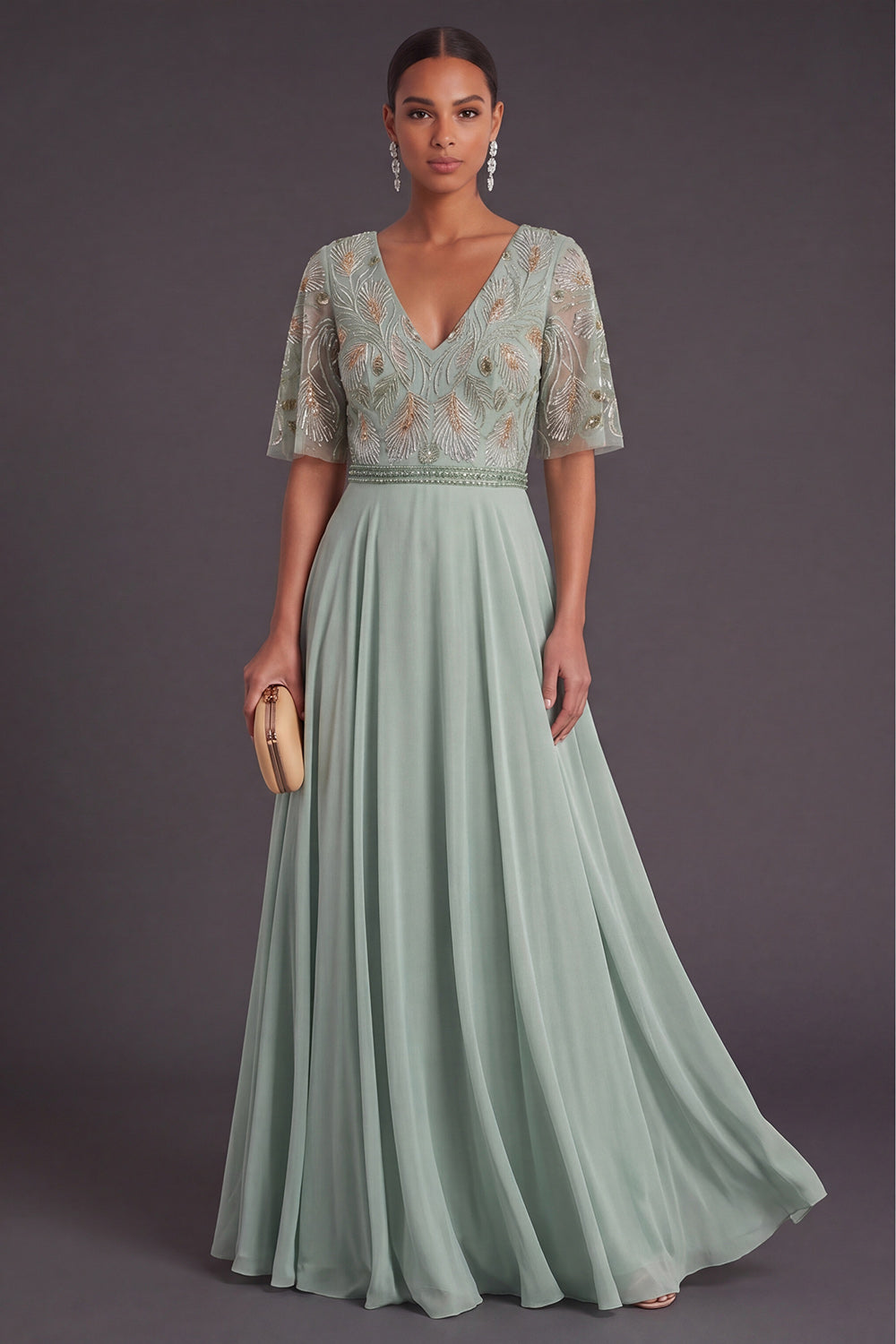 Green Floral A Line Short Sleeves Long Wedding Guest Dress