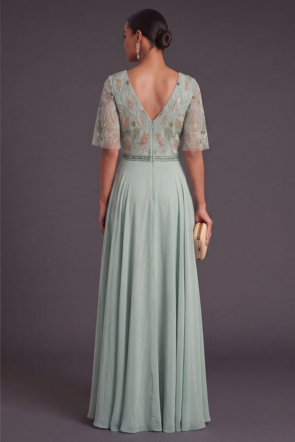 Green Floral A Line Short Sleeves Long Wedding Guest Dress