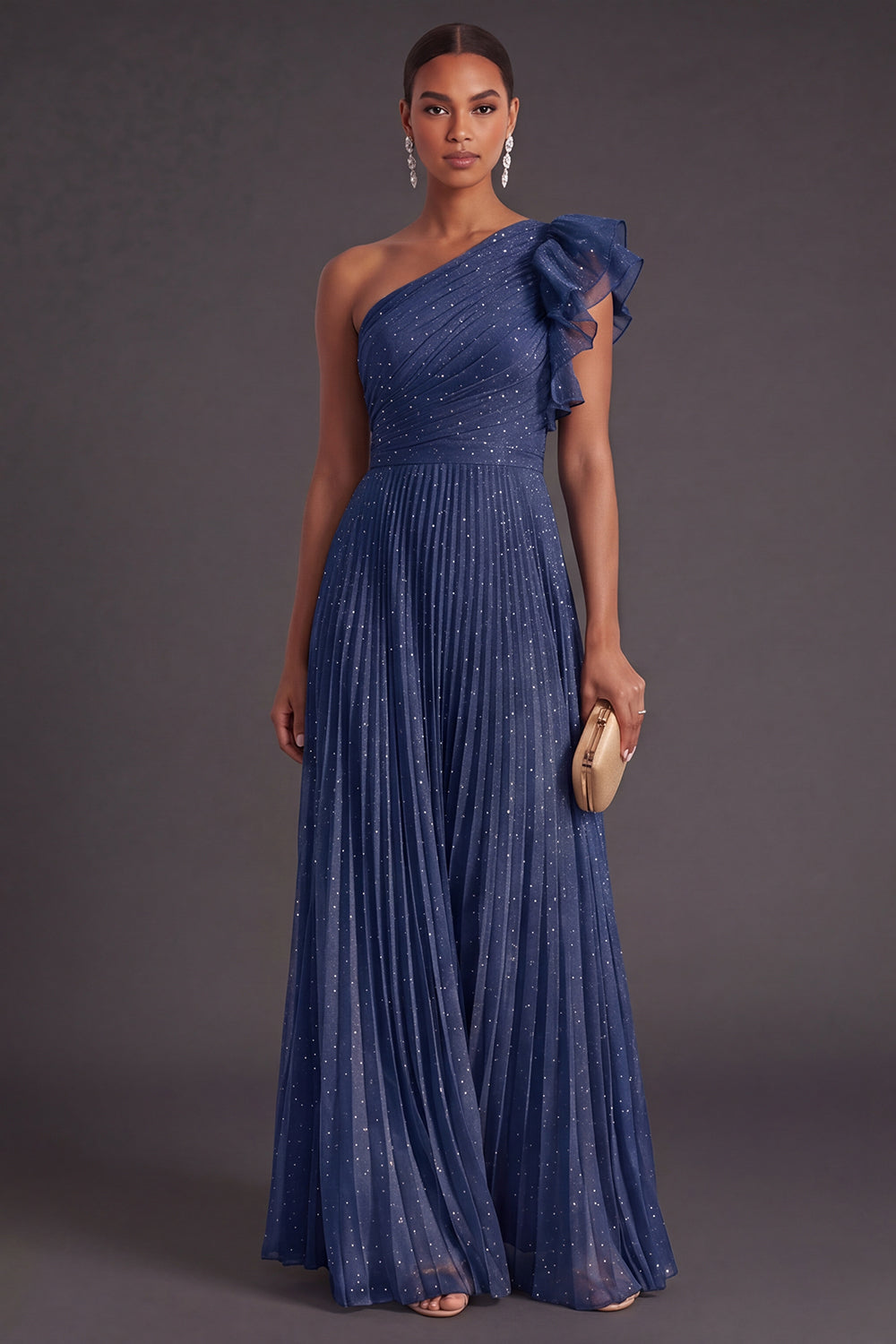 Navy A Line One Shoulder Long Wedding Guest Dress