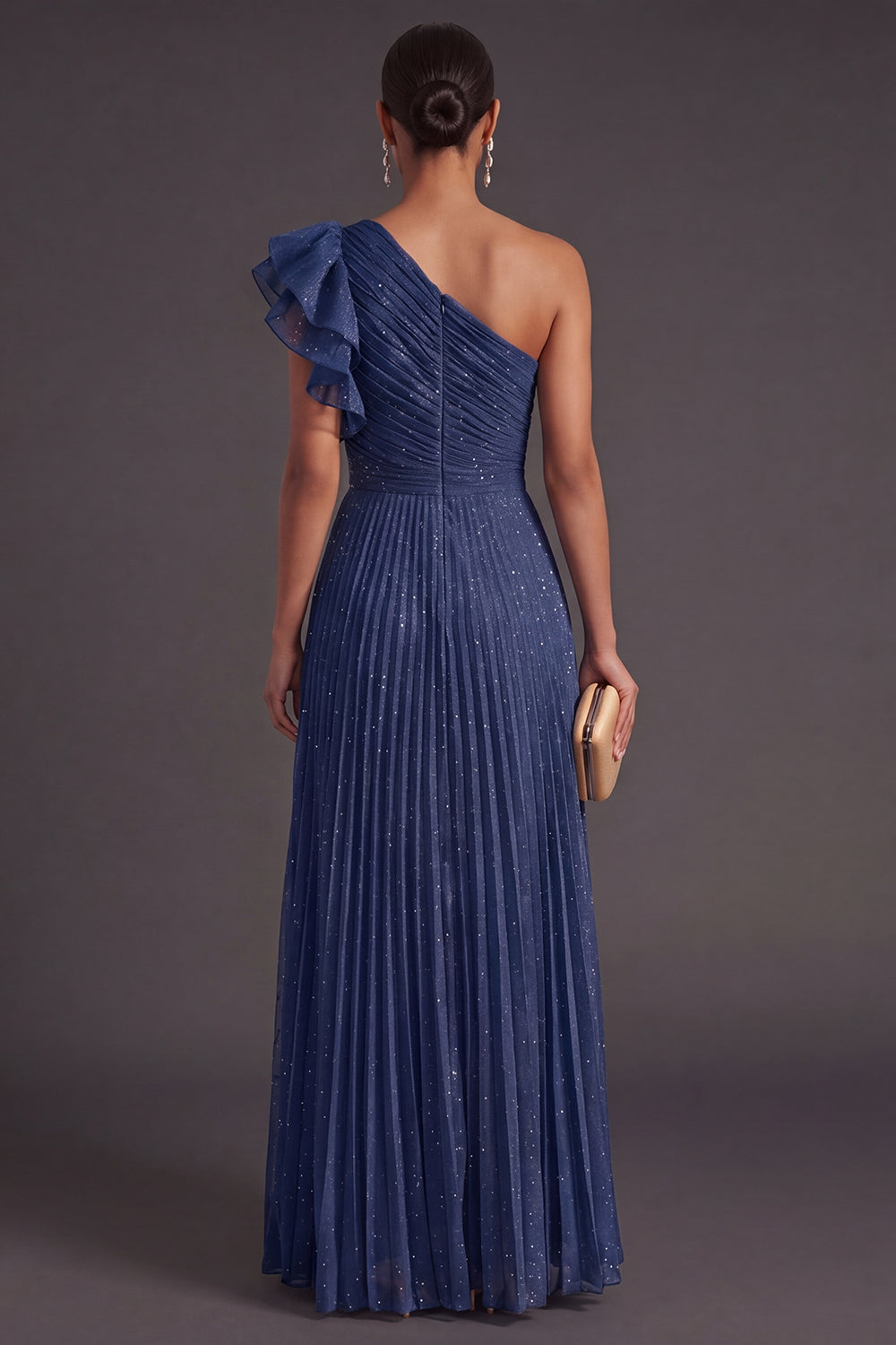 Navy A Line One Shoulder Long Wedding Guest Dress