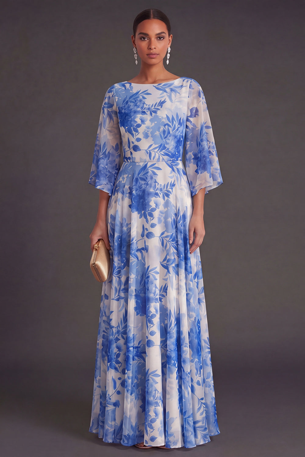A Line Blue Floral Flutter Sleeves Long Wedding Guest Dress