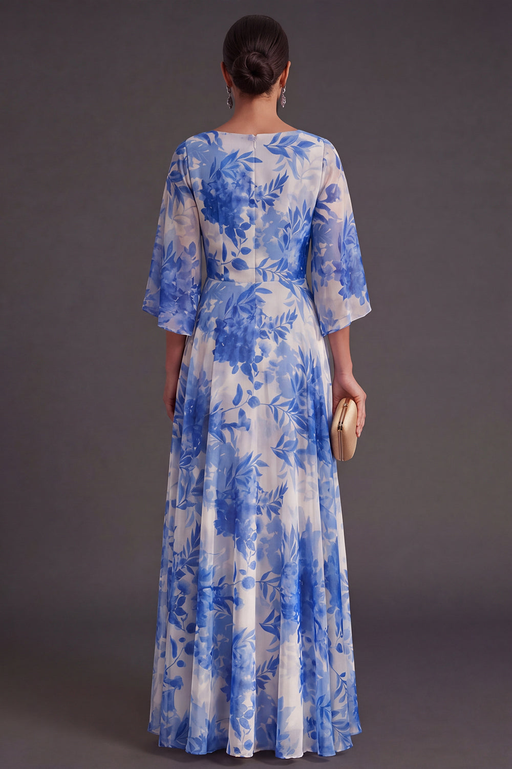 A Line Blue Floral Flutter Sleeves Long Wedding Guest Dress