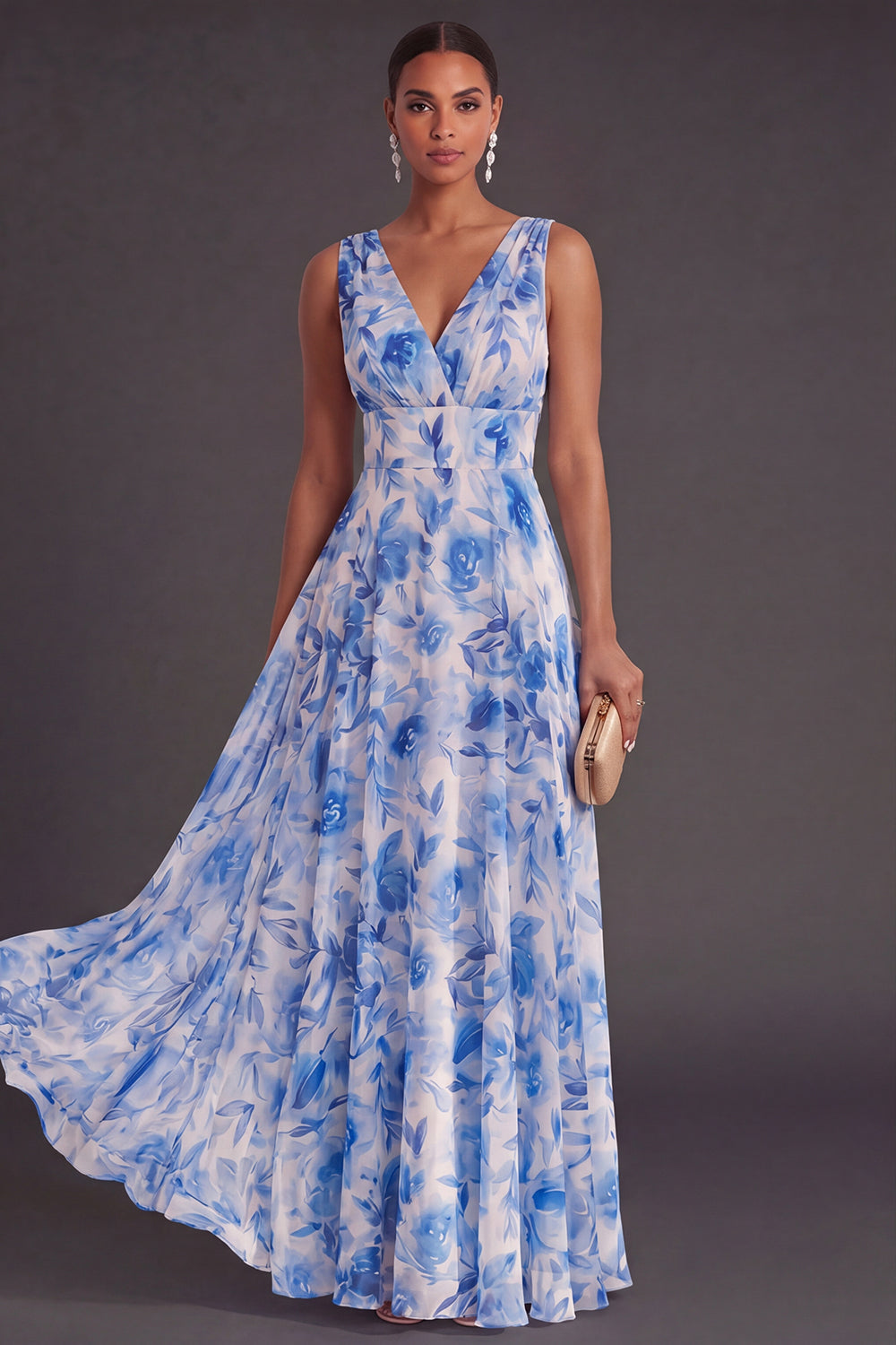 Blue Floral A Line V Neck Long Wedding Guest Dress