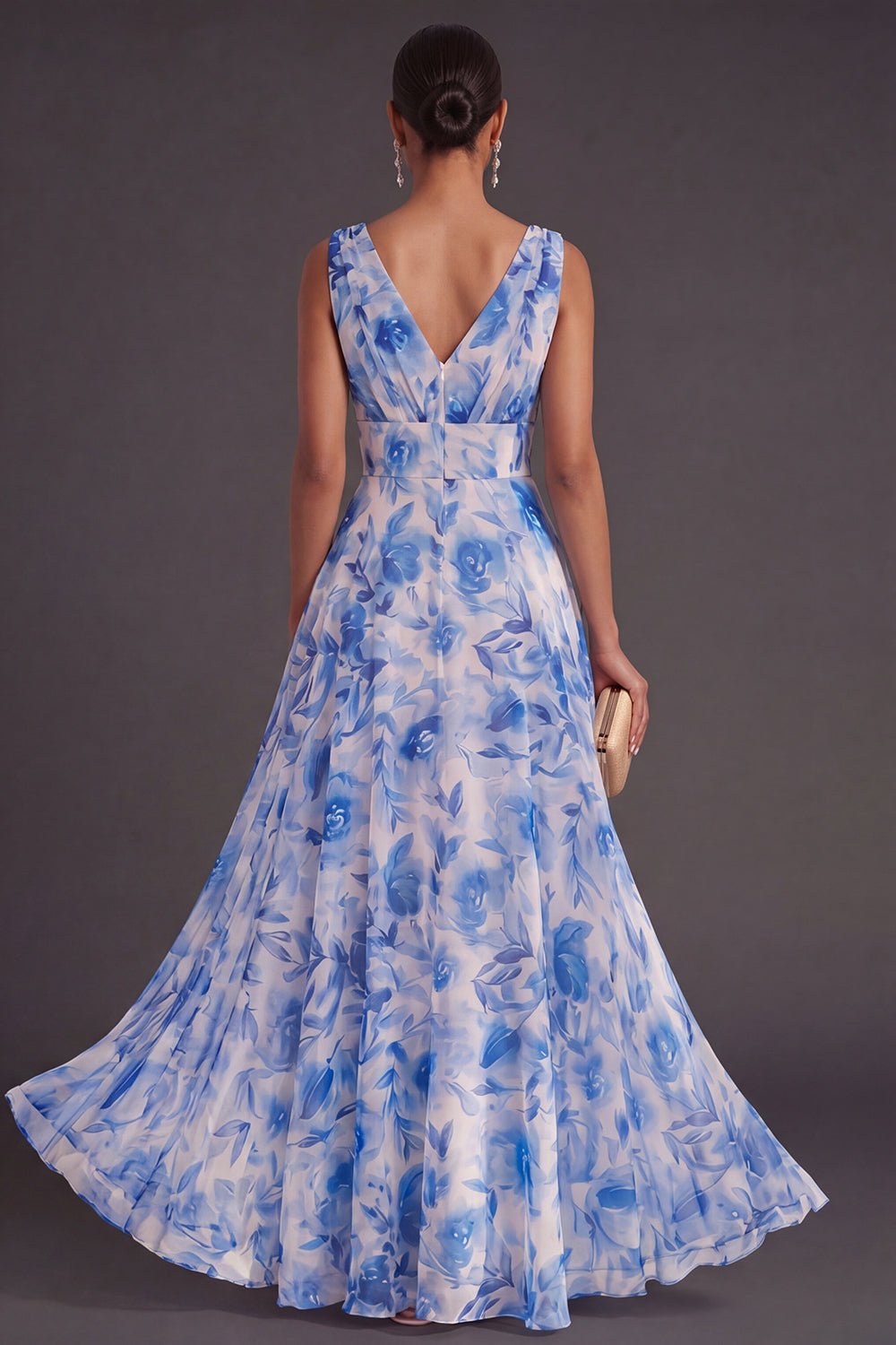 Blue Floral A Line V Neck Long Wedding Guest Dress