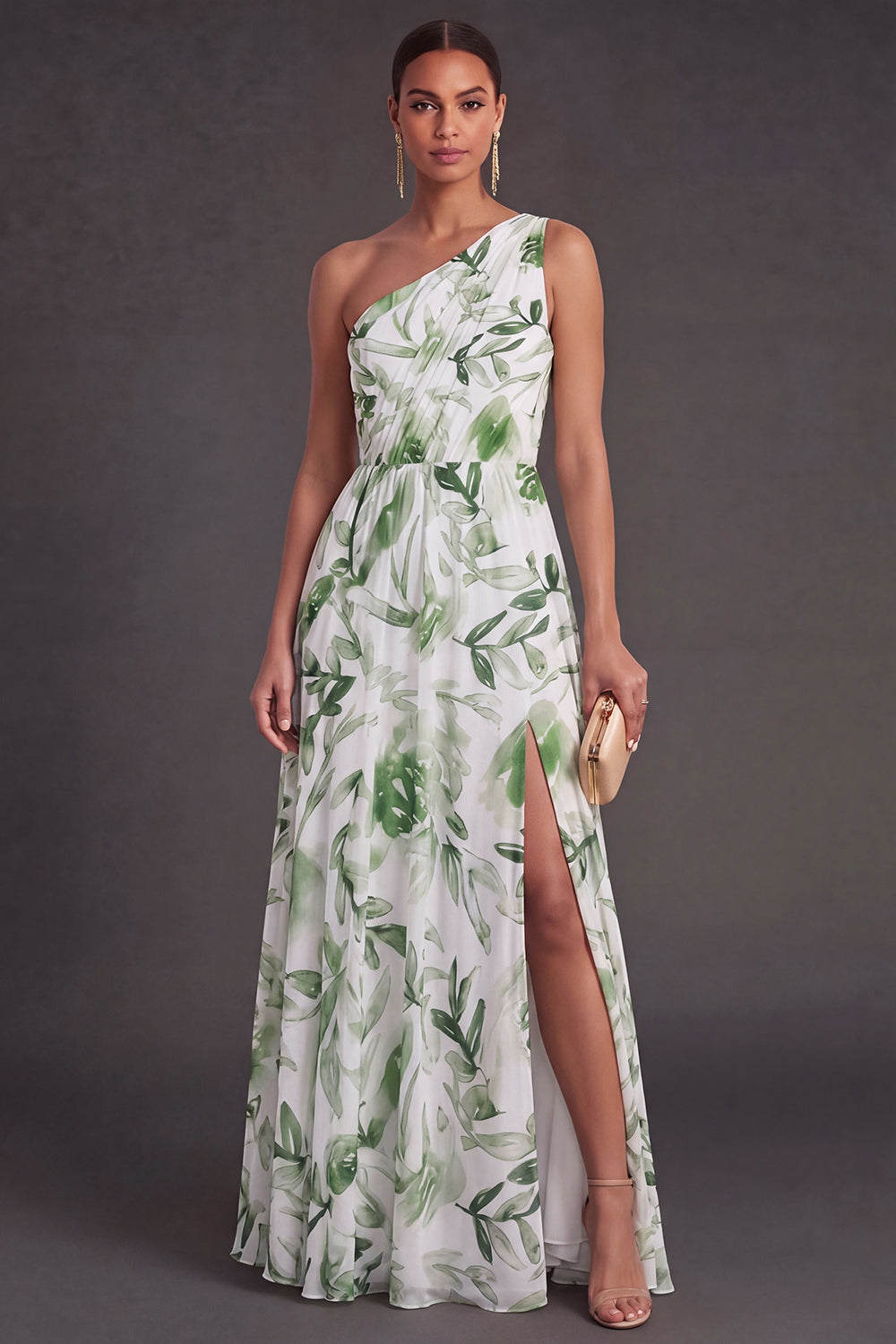 Green Ruched Floral A Line Long Wedding Guest Dress with Slit