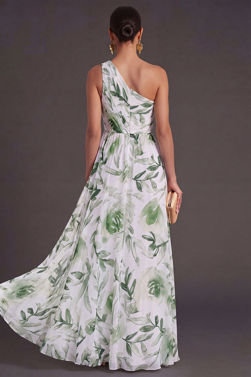 Green Ruched Floral A Line Long Wedding Guest Dress with Slit