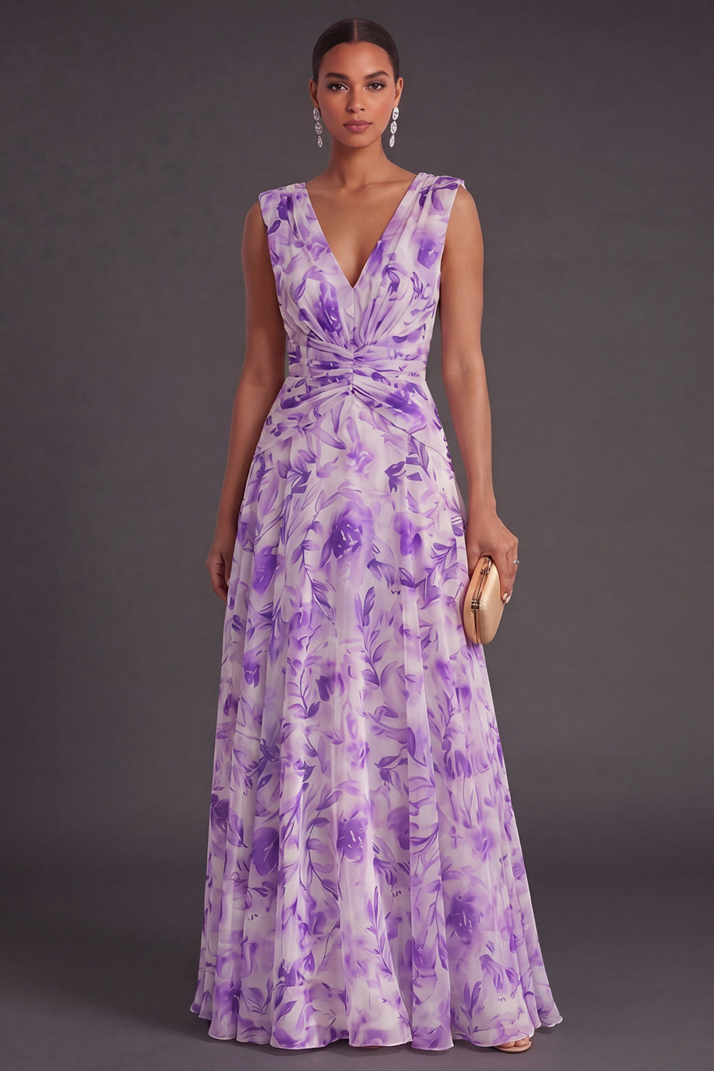 Ruched A Line Purple Floral Long Wedding Guest Dress
