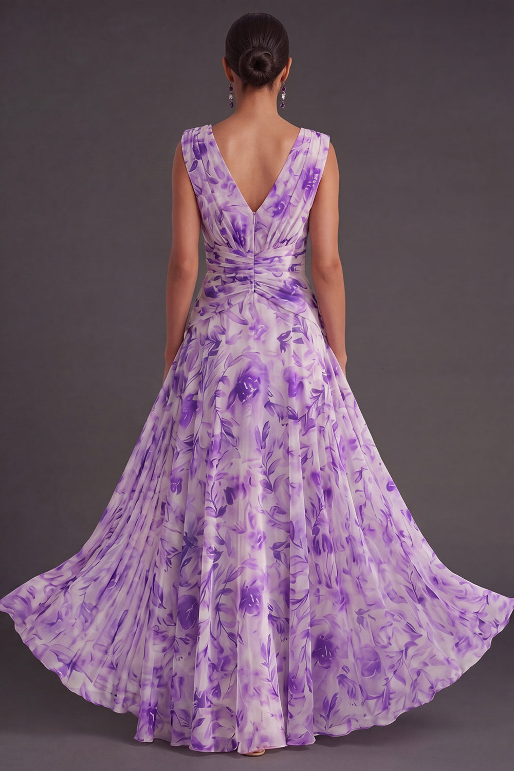 Ruched A Line Purple Floral Long Wedding Guest Dress