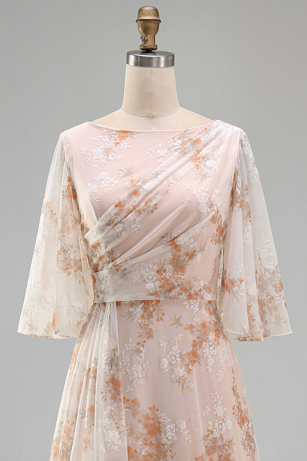 Champagne A Line Floral Ruffled Long Wedding Guest Dress with Sleeves